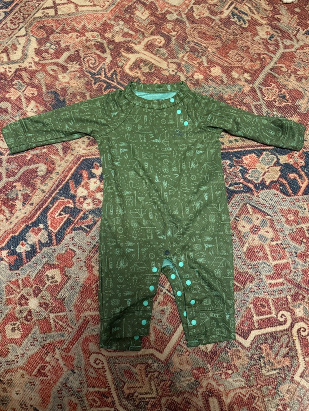 L.L. Bean Wicked Warm Olive Green Footie One-Piece with Adventure Print